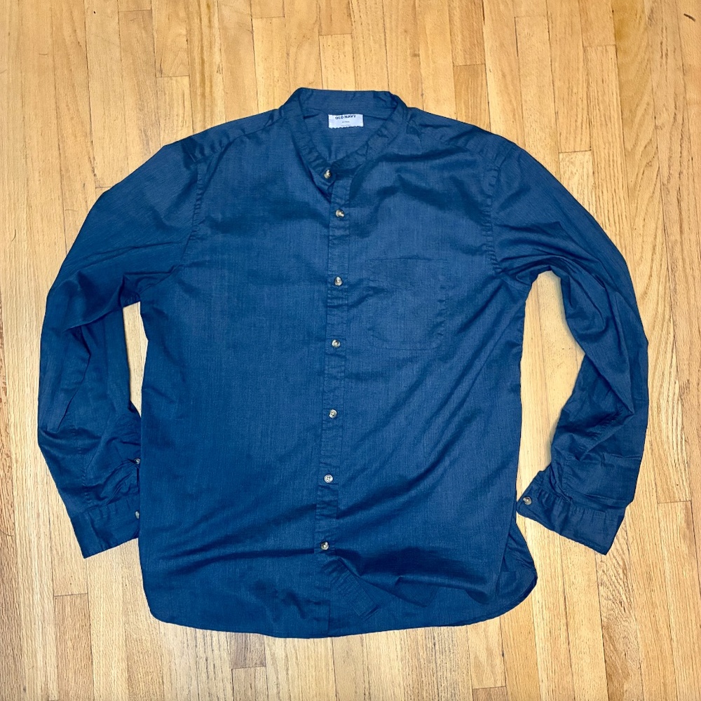 Blue Collarless Dress Shirt
